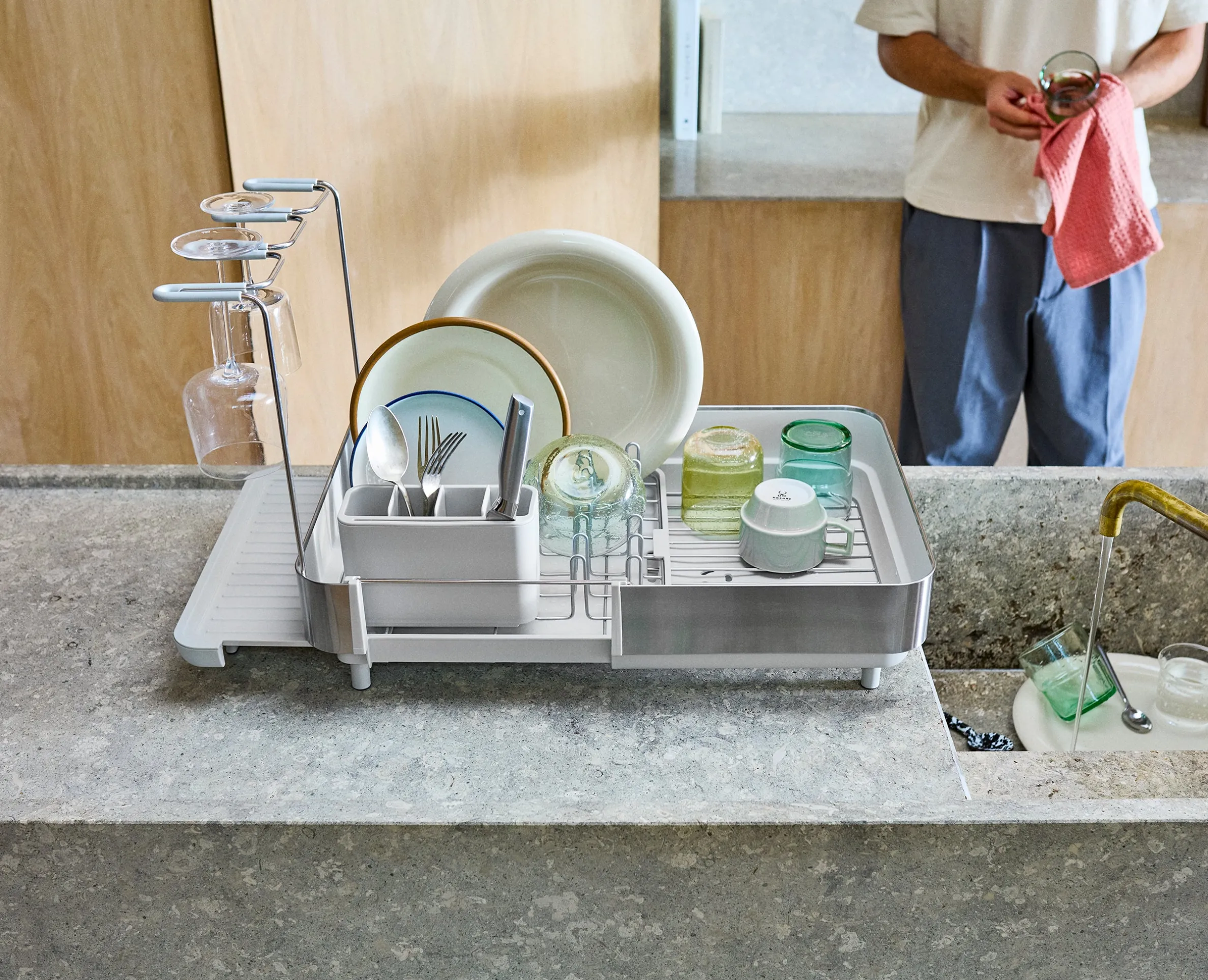 Extend™ Steel Plus Expandable Stone Dish Drainer with Wine Glass Rack