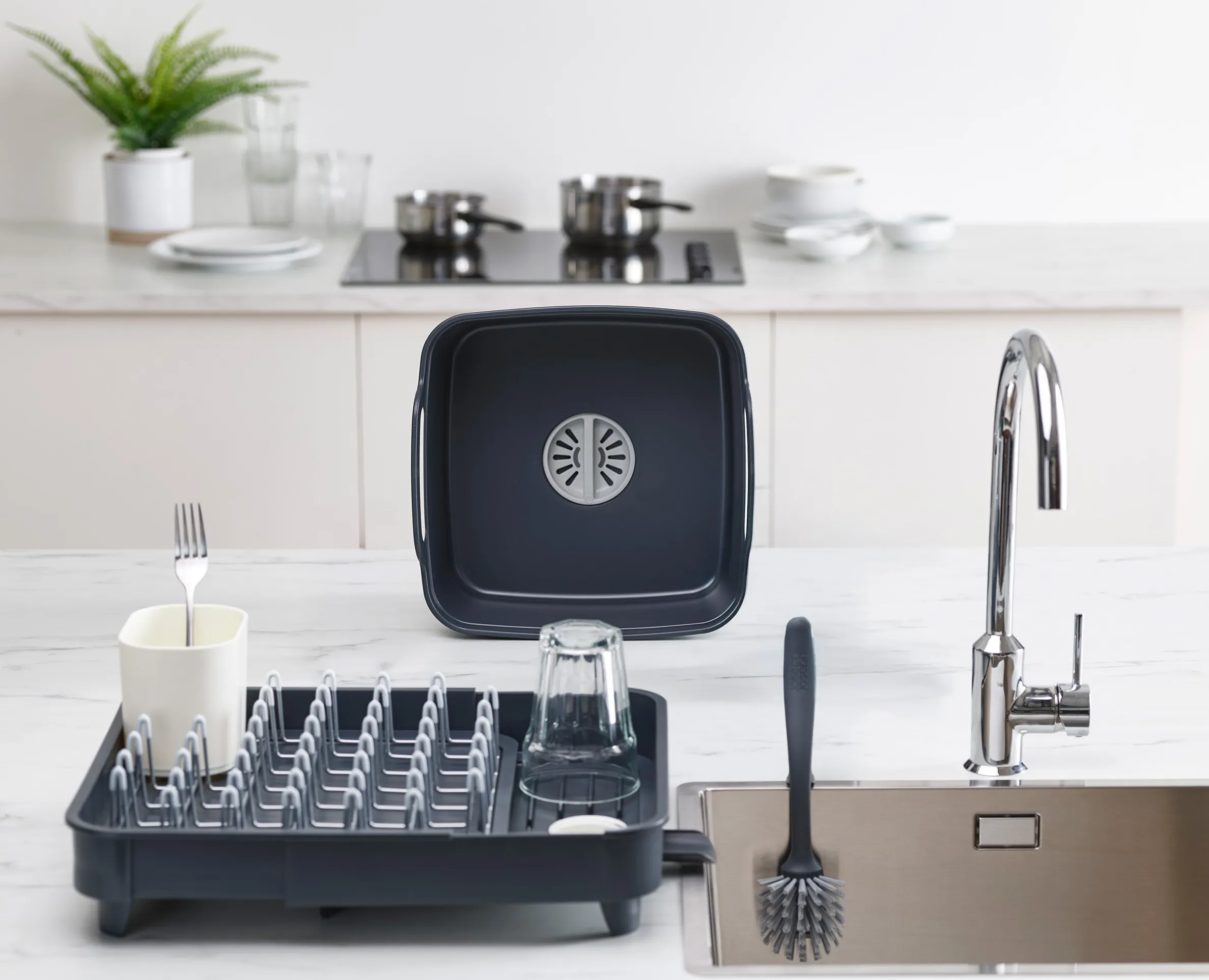 3-piece Gray Drainer, Washing-up Bowl & Brush Set