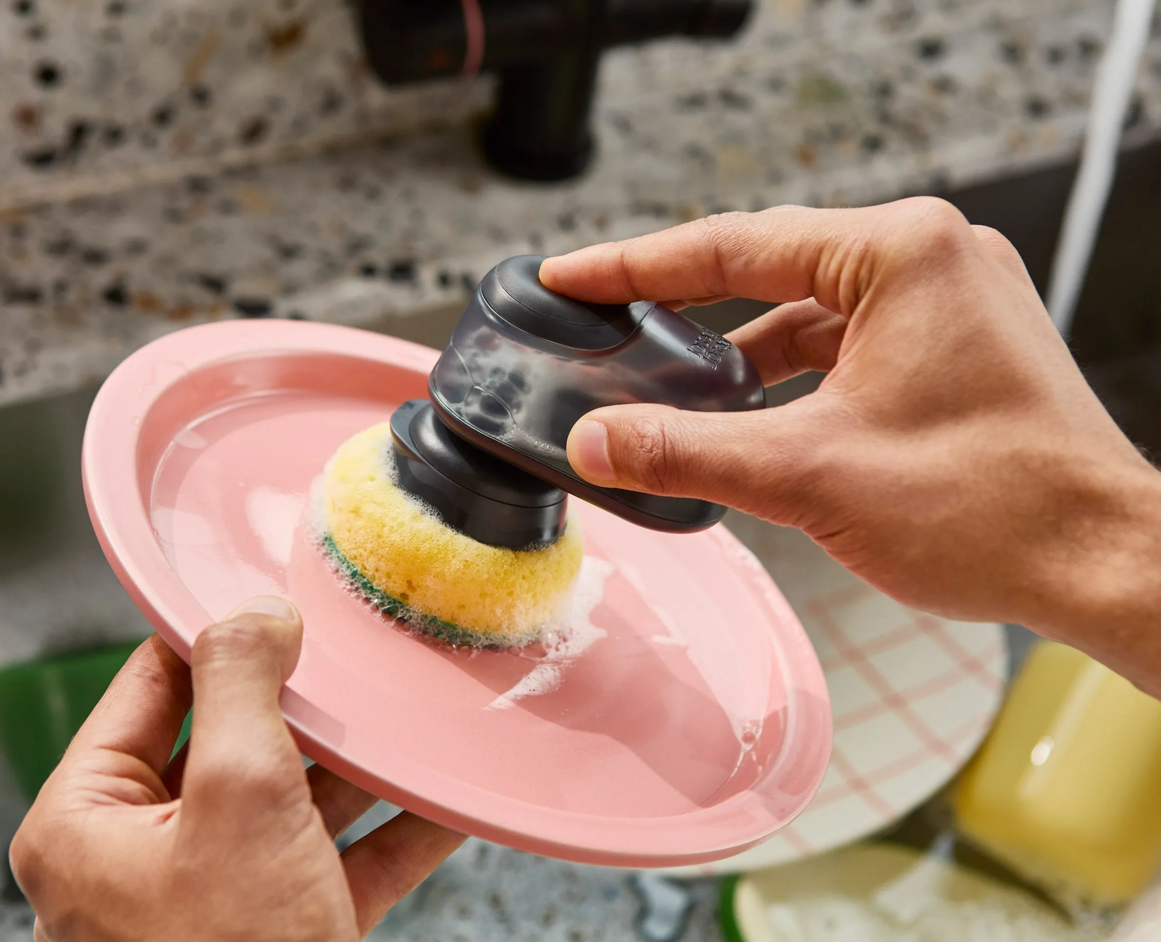 SinkTech™ Compact Soap Dispensing Dish Brush with Steel Stand & Extra Heads