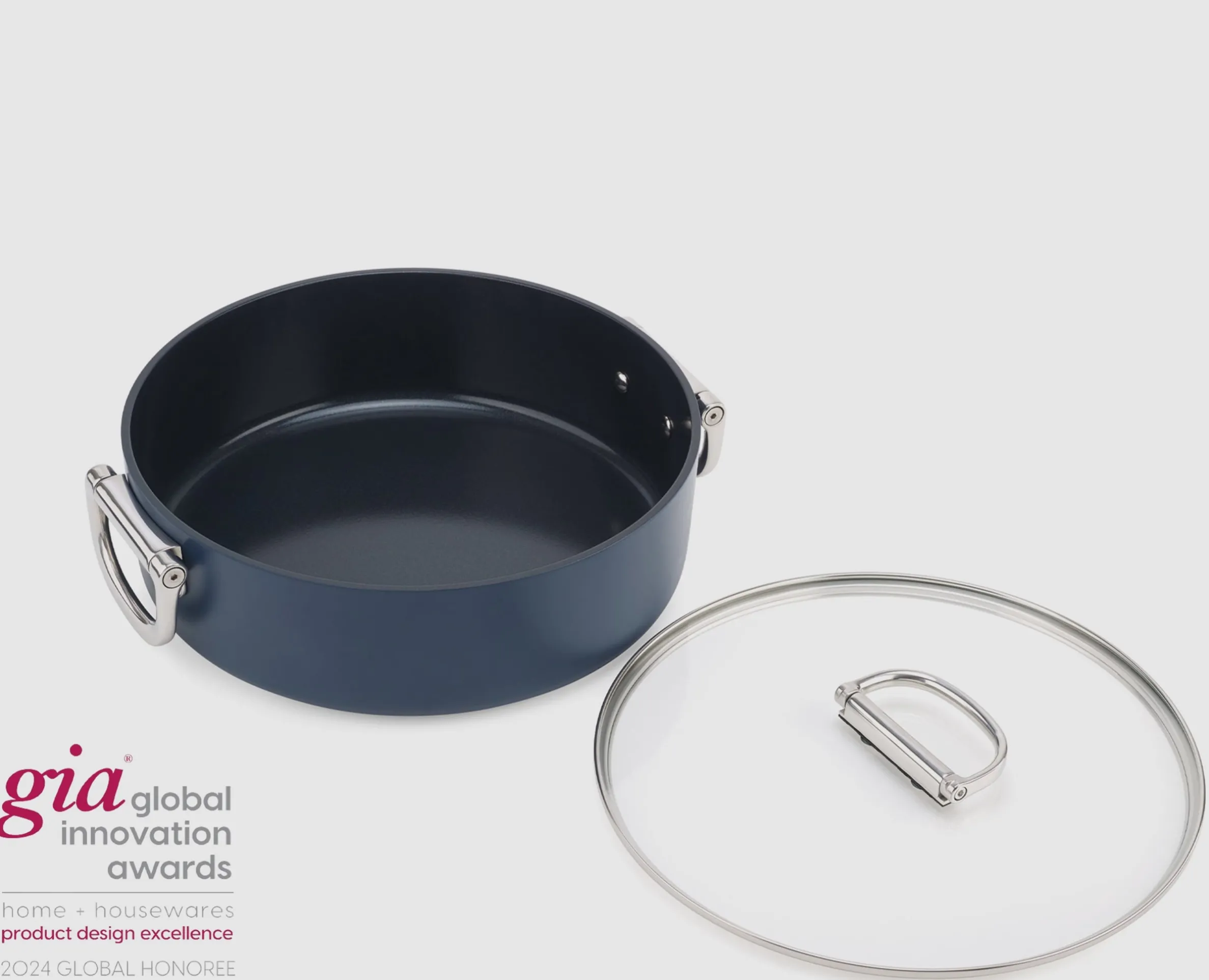 Space Folding Handle Ceramic Non-stick 5 Qt. Blue Shallow Casserole Pan & Lid