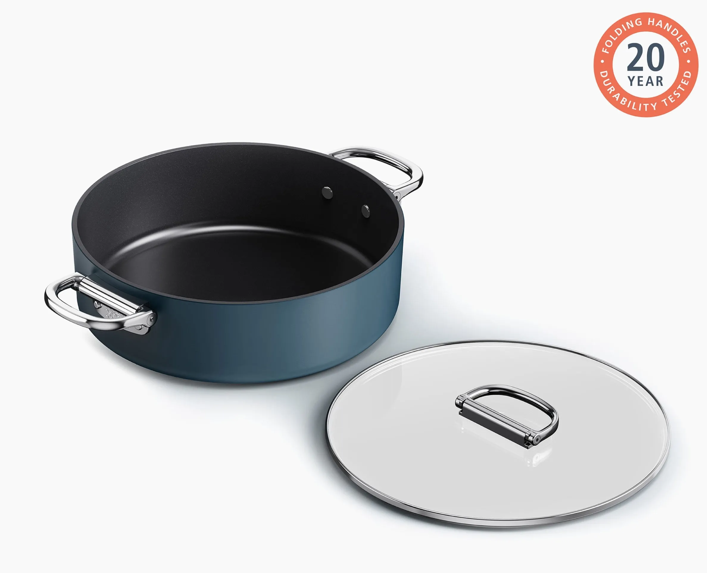 Space Folding Handle Ceramic Non-stick 5 Qt. Blue Shallow Casserole Pan & Lid