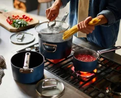 Space Folding Handle Ceramic Non-stick 5.4 Qt. Blue Saucepan & Lid