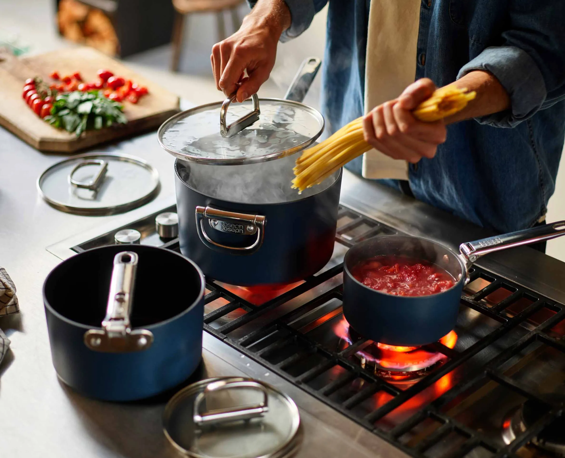 Space Folding Handle Ceramic Non-stick 6-piece Blue Saucepan Set