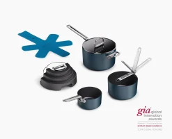 Space Stack Folding Handle Non-Stick 7-Piece Blue Saucepan Set With Lid Storage